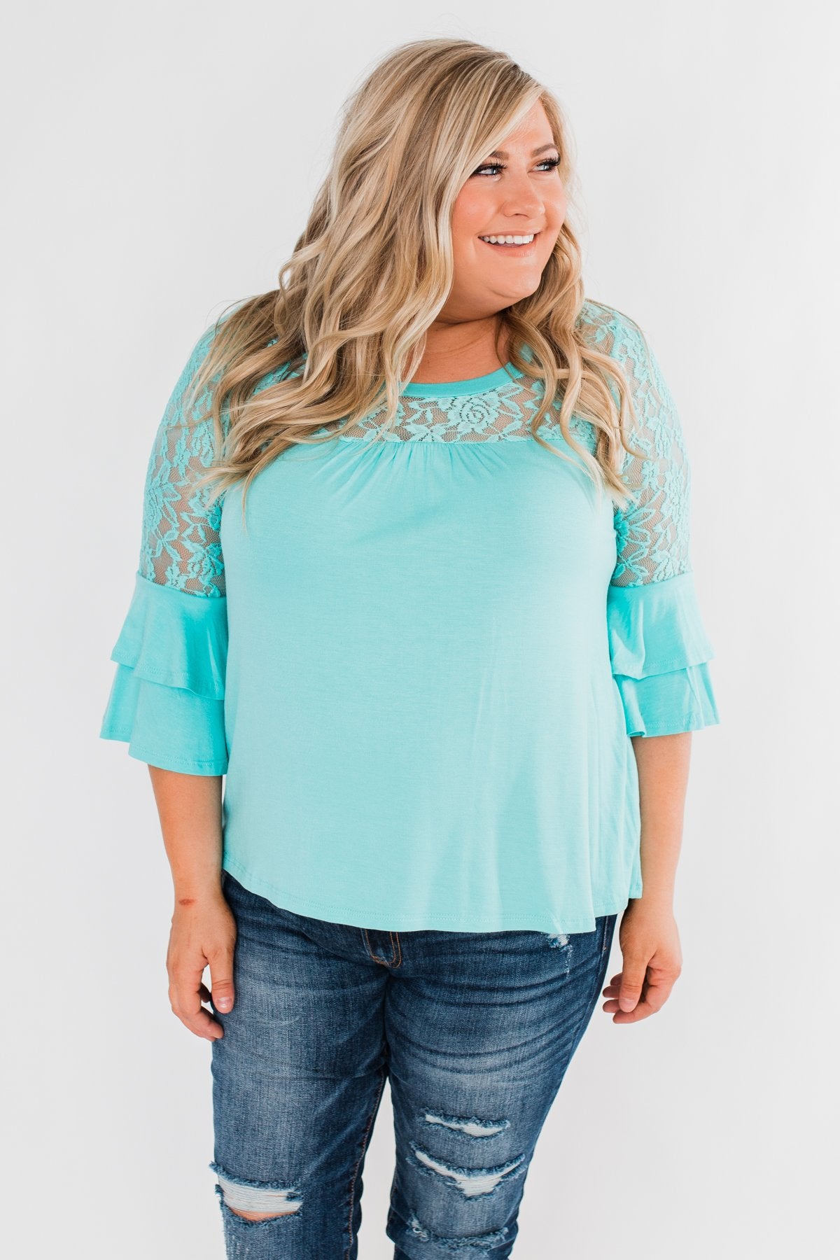 Right Beside Me Lace & Ruffles Top- Aqua