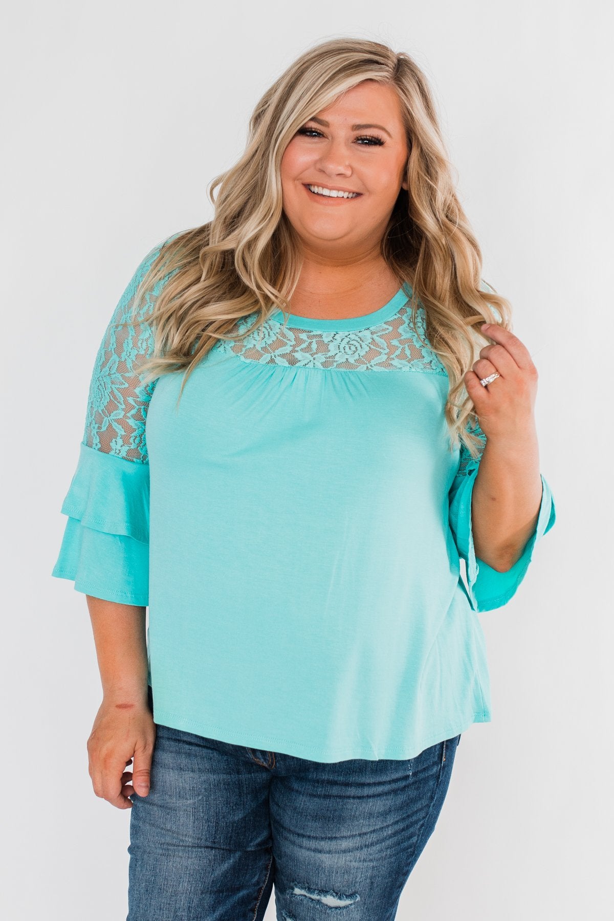 Right Beside Me Lace & Ruffles Top- Aqua