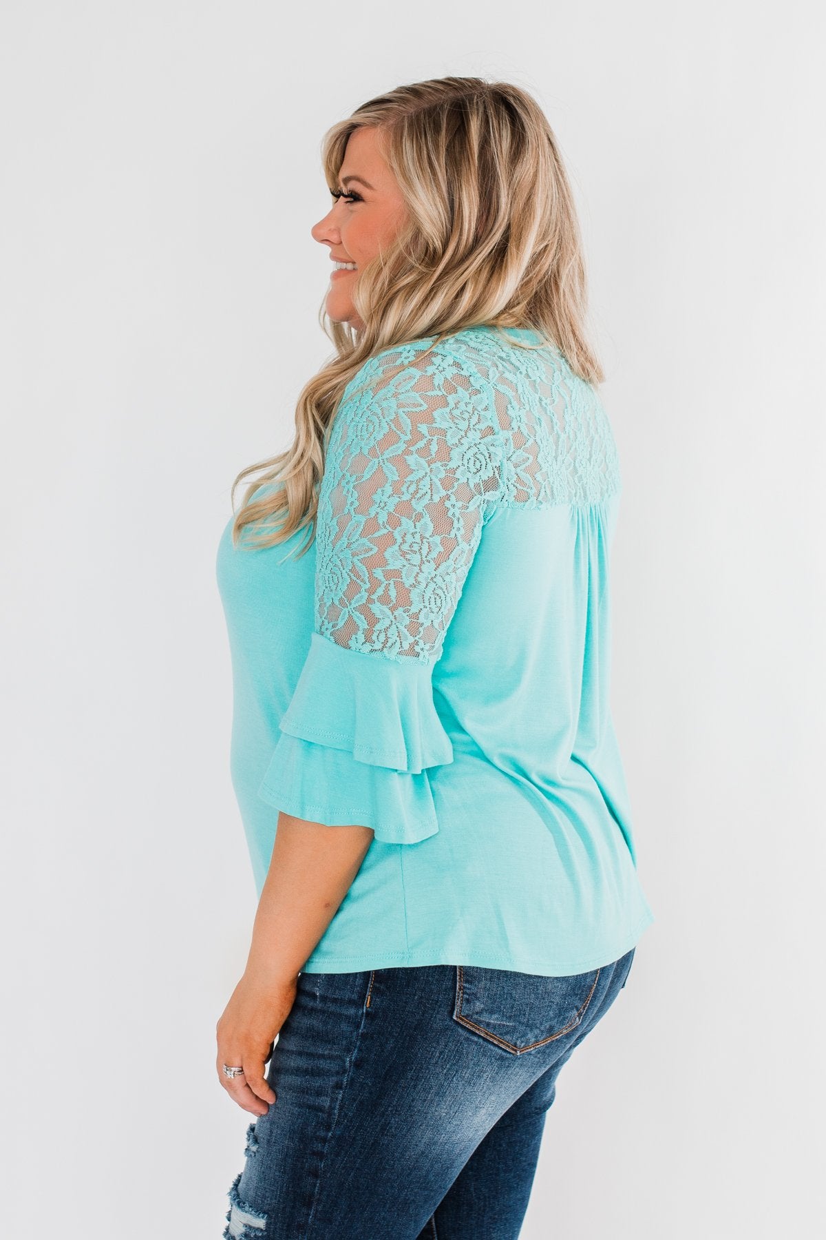 Right Beside Me Lace & Ruffles Top- Aqua
