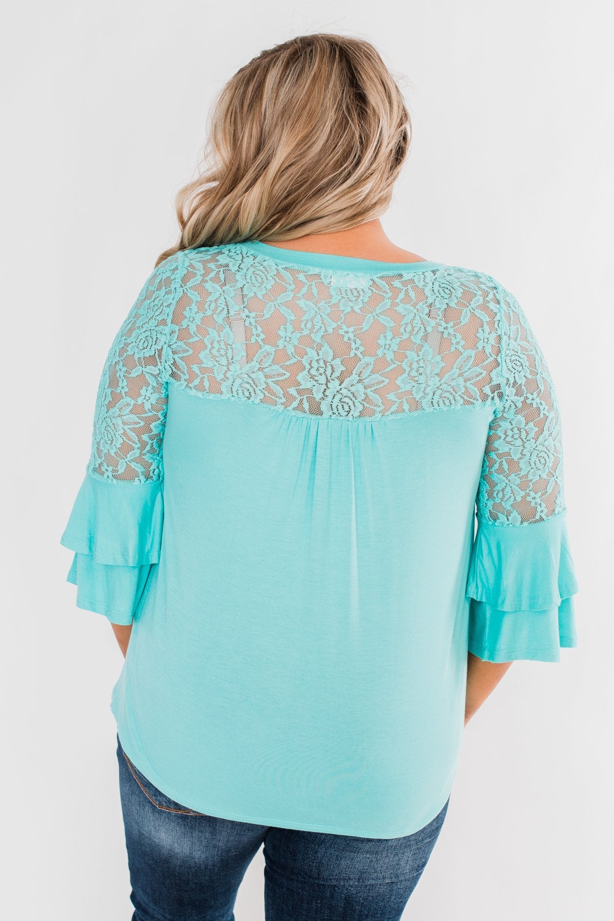 Right Beside Me Lace & Ruffles Top- Aqua