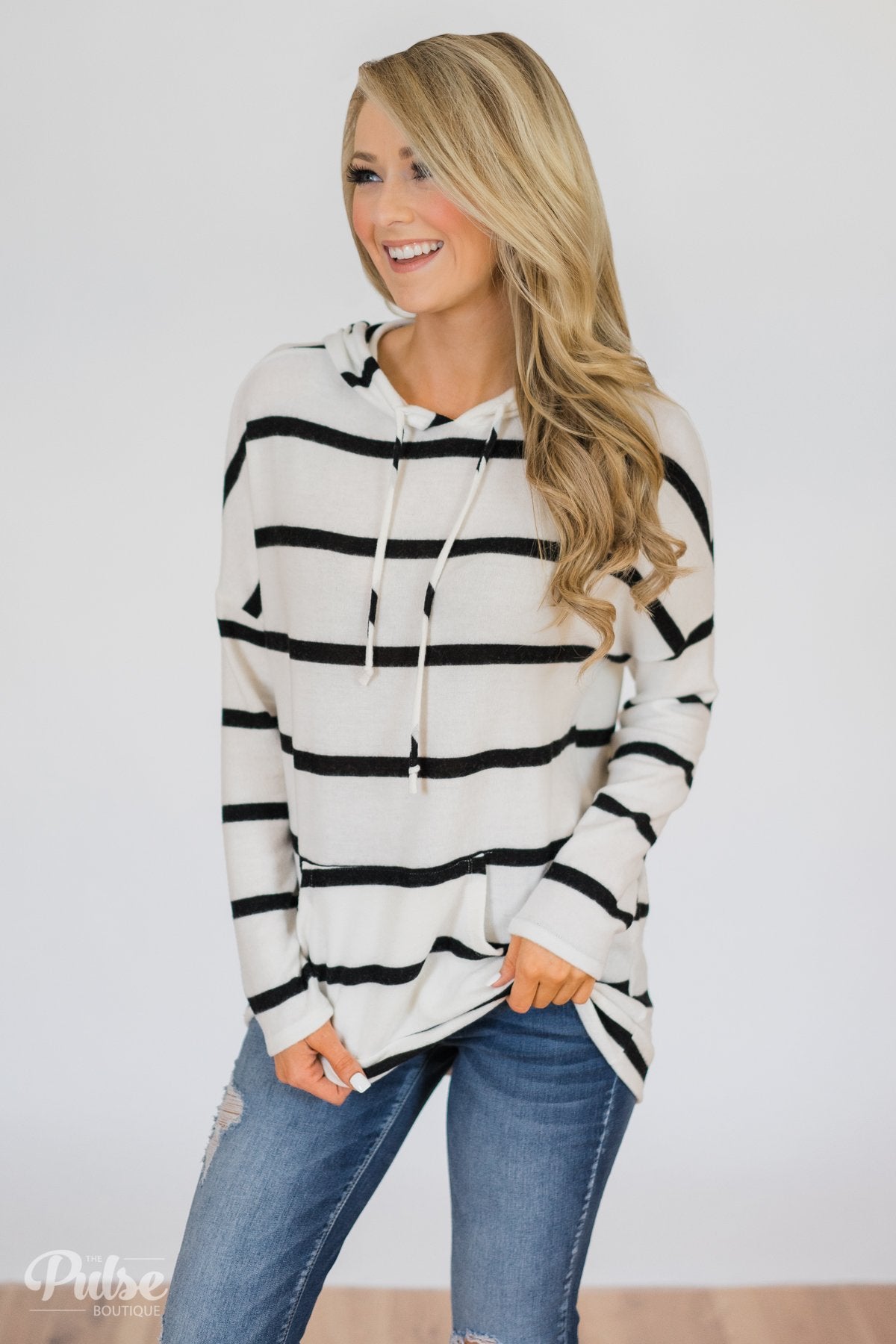 White hoodie with black stripes hotsell