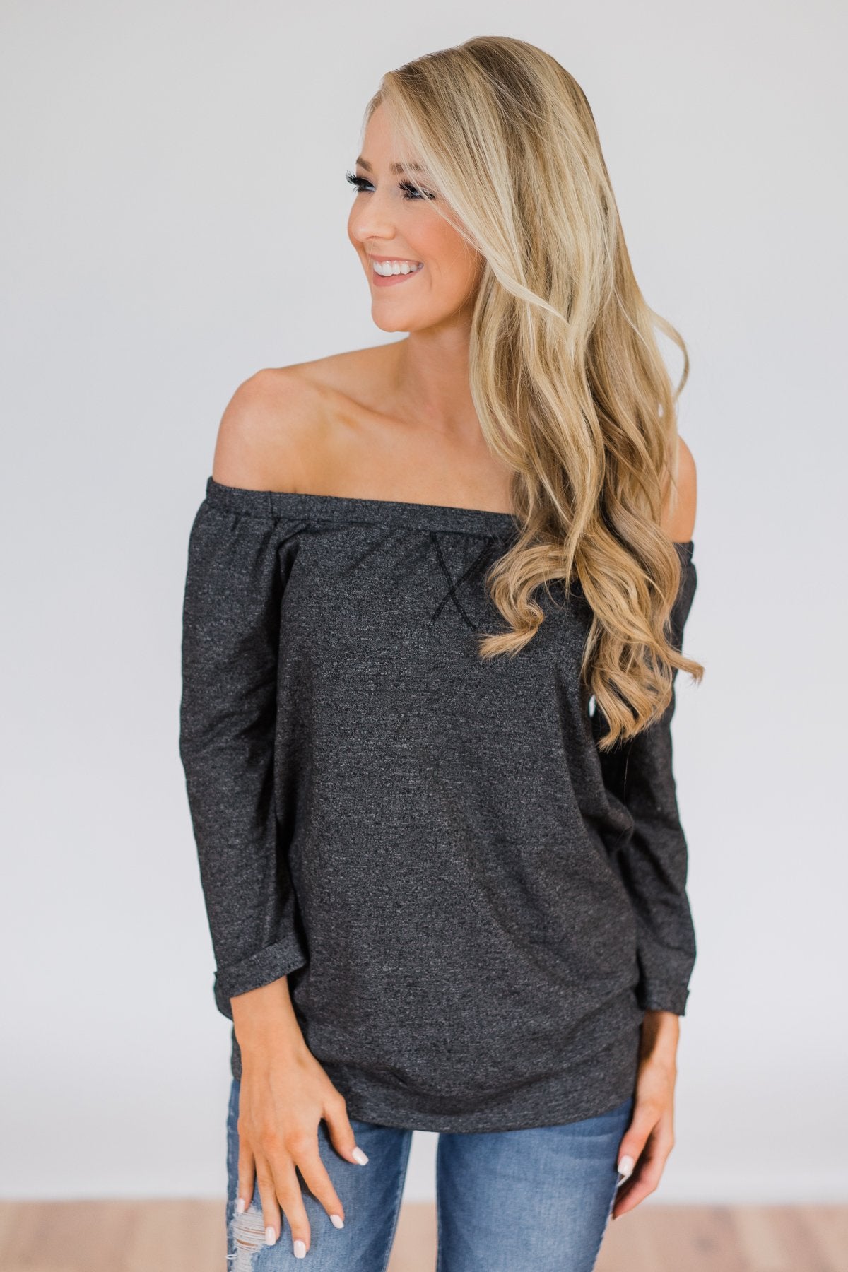 Found My Soulmate Off the Shoulder Top- Charcoal