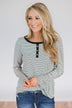 Striped Elbow Patch Long Sleeve Top- Black & White
