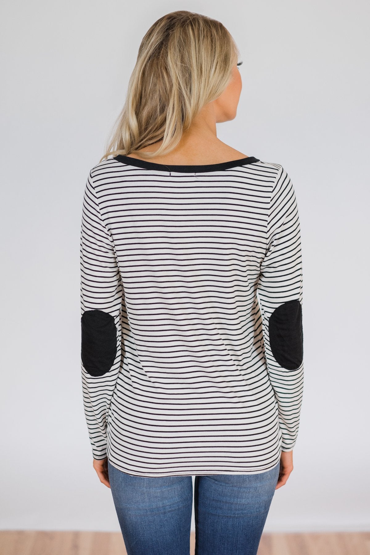 Striped Elbow Patch Long Sleeve Top- Black & White