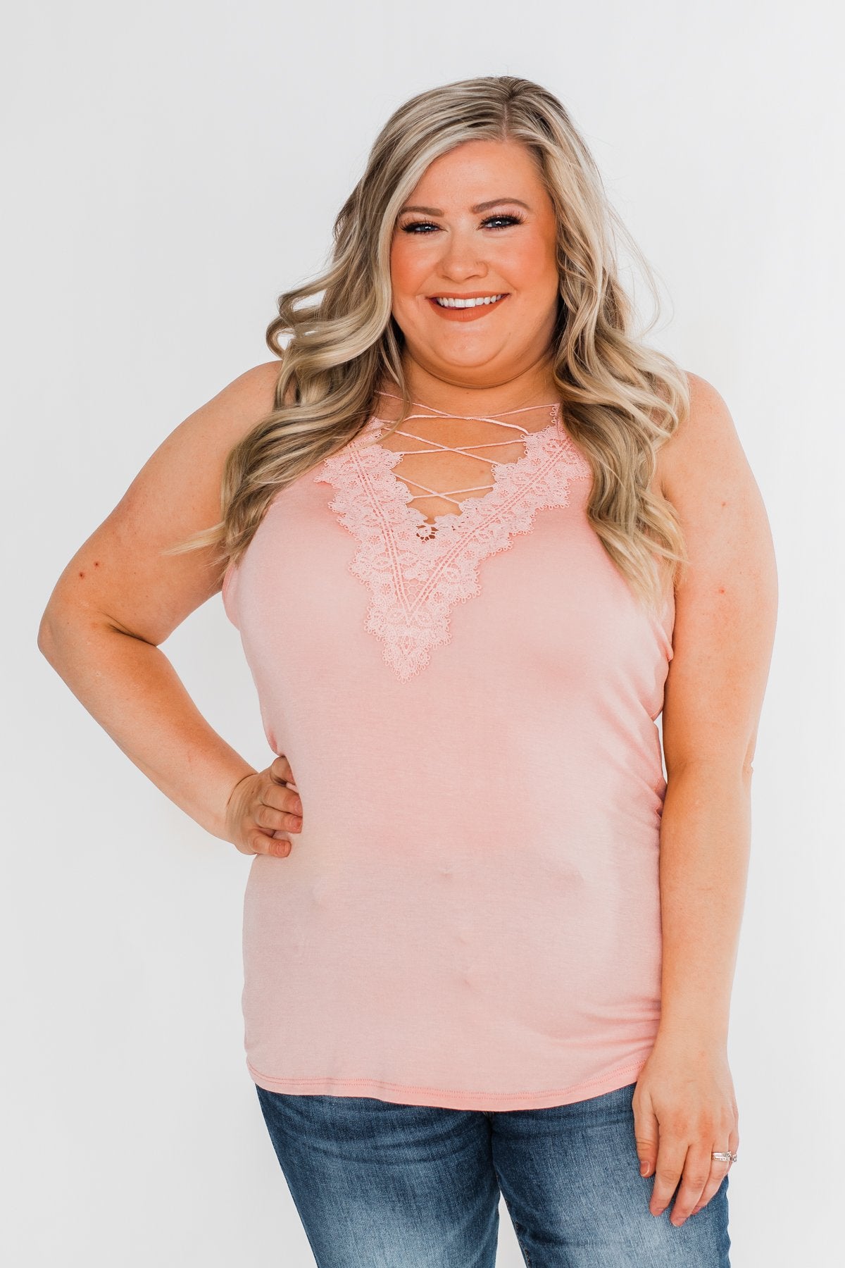 Front Lace Criss Cross Tank Top- Blush