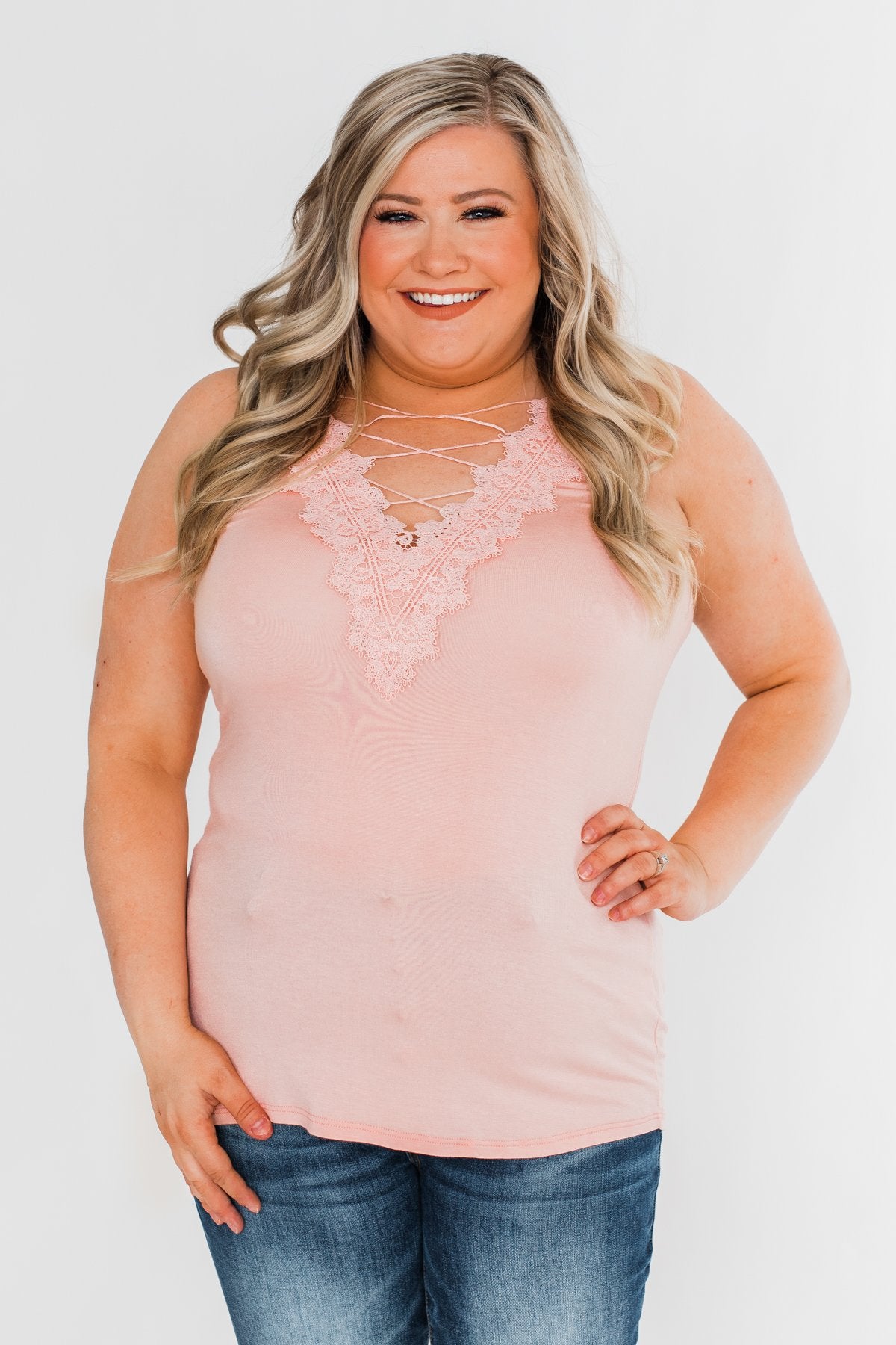 Front Lace Criss Cross Tank Top- Blush