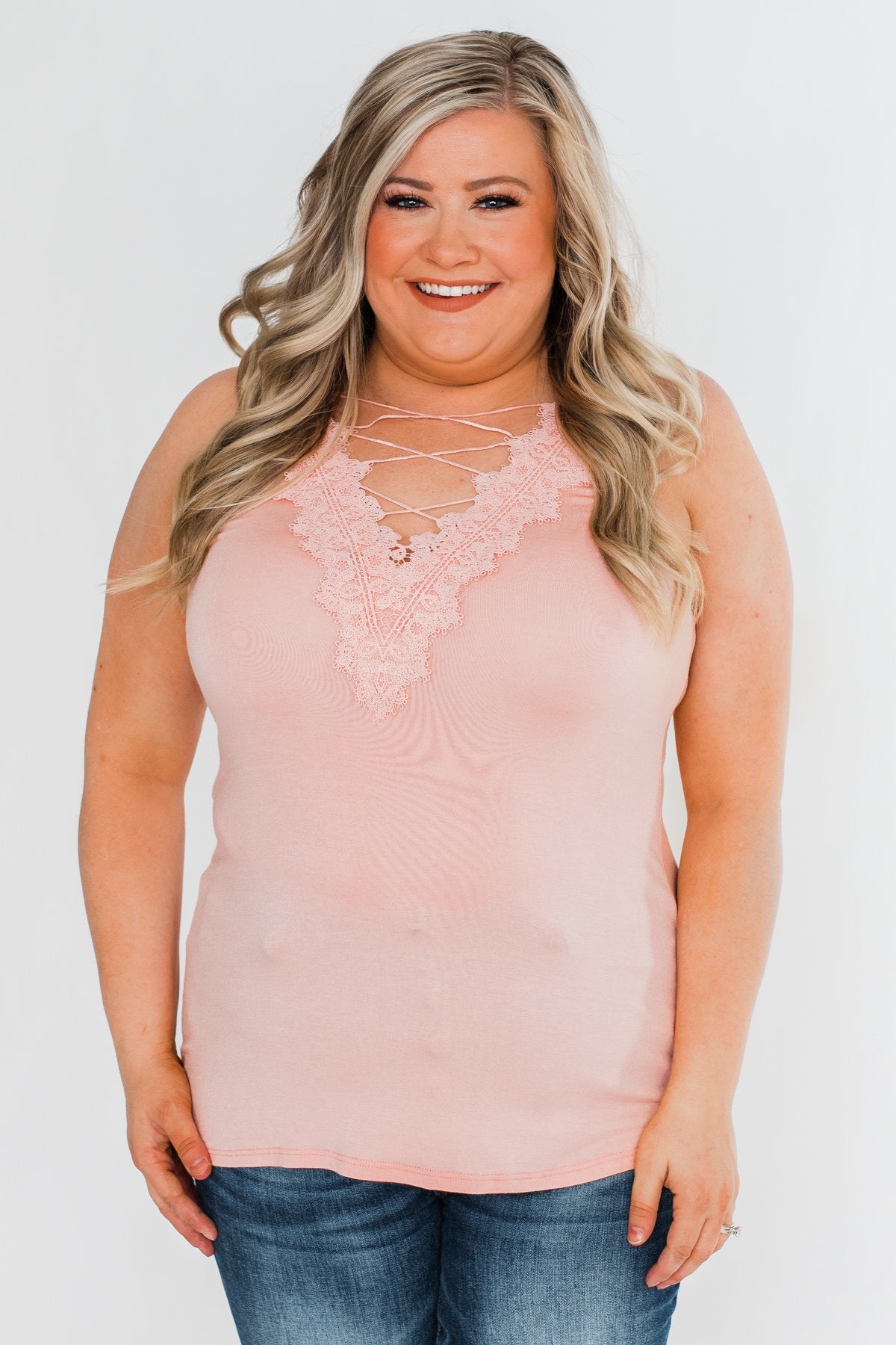 Front Lace Criss Cross Tank Top- Blush