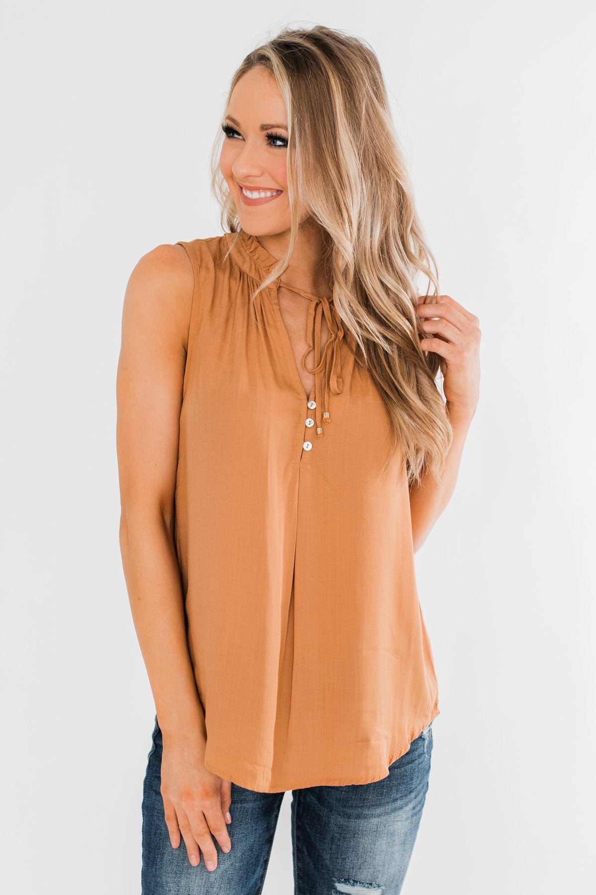 Larger Than Life Neck Tie Tank Top- Burnt Mustard