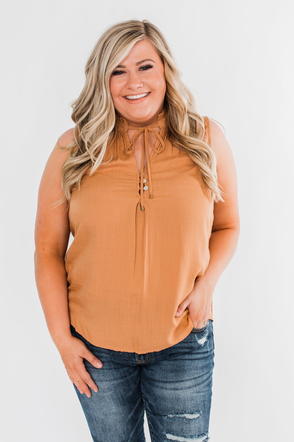 Larger Than Life Neck Tie Tank Top- Burnt Mustard