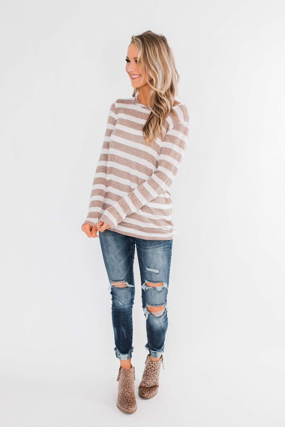 Just As You Are Striped Knit Top- Taupe