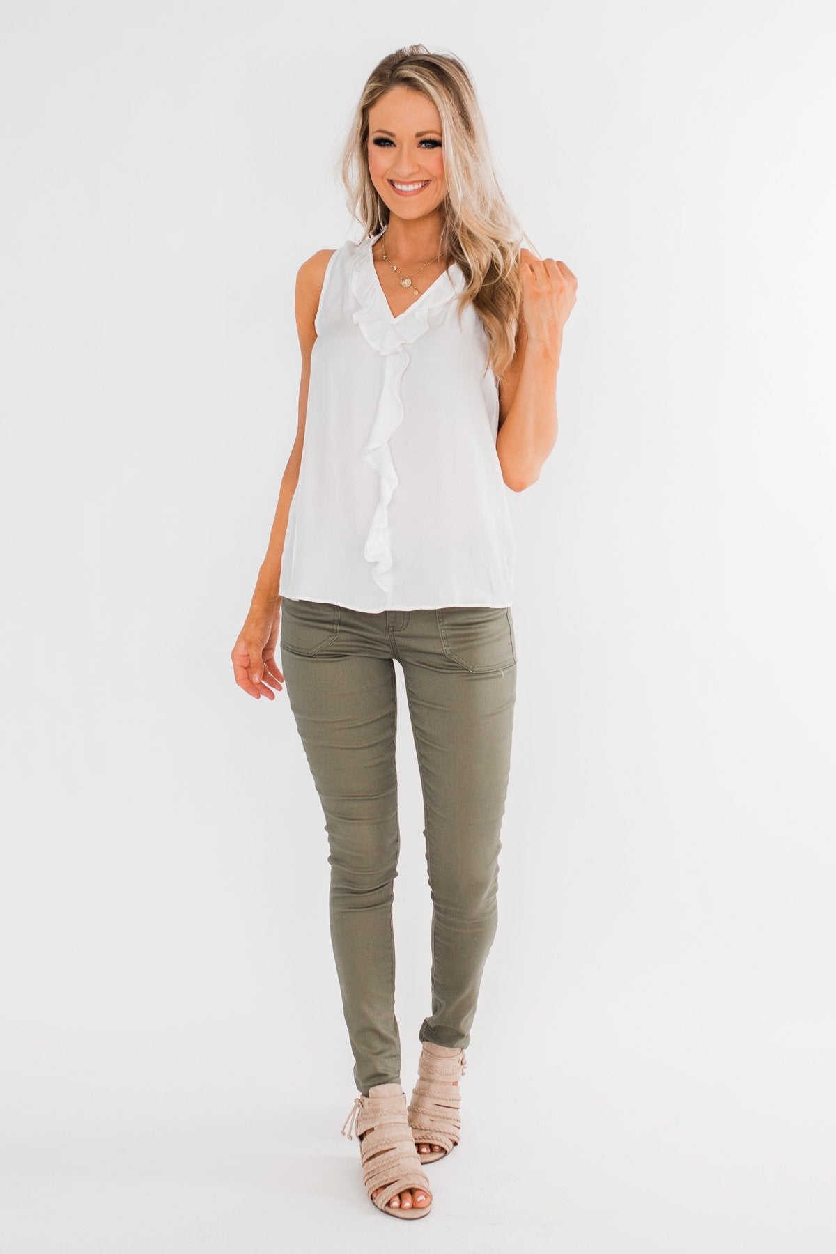 Always Had A Feeling Ruffled Tank Top- White