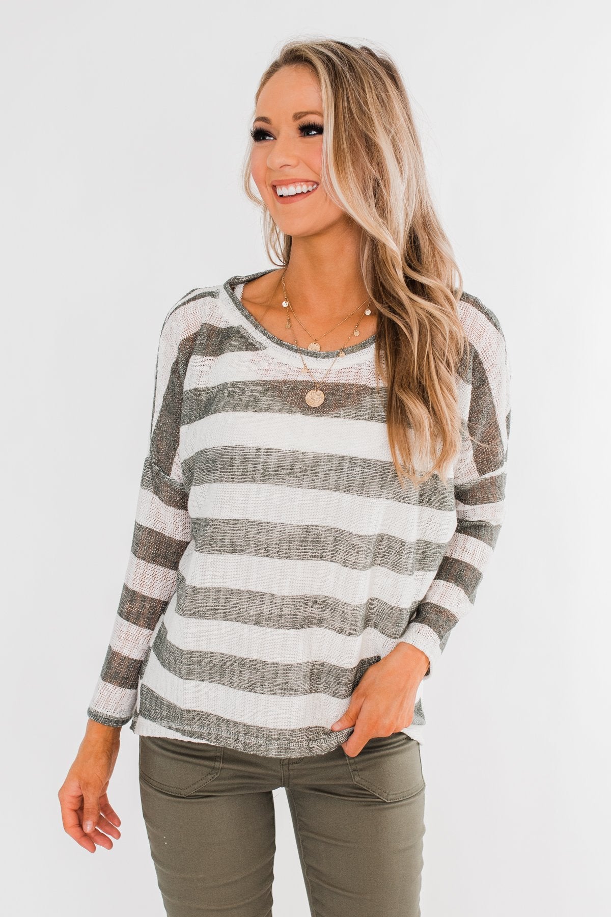 The Right Direction Striped Knitted Top- Olive