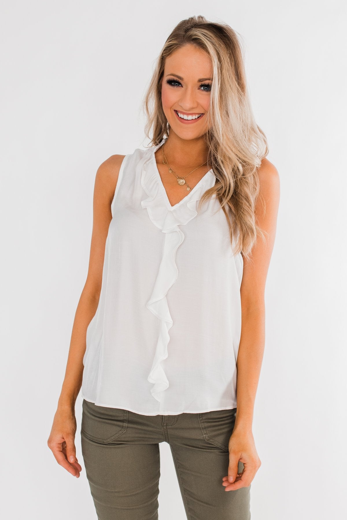 Always Had A Feeling Ruffled Tank Top- White