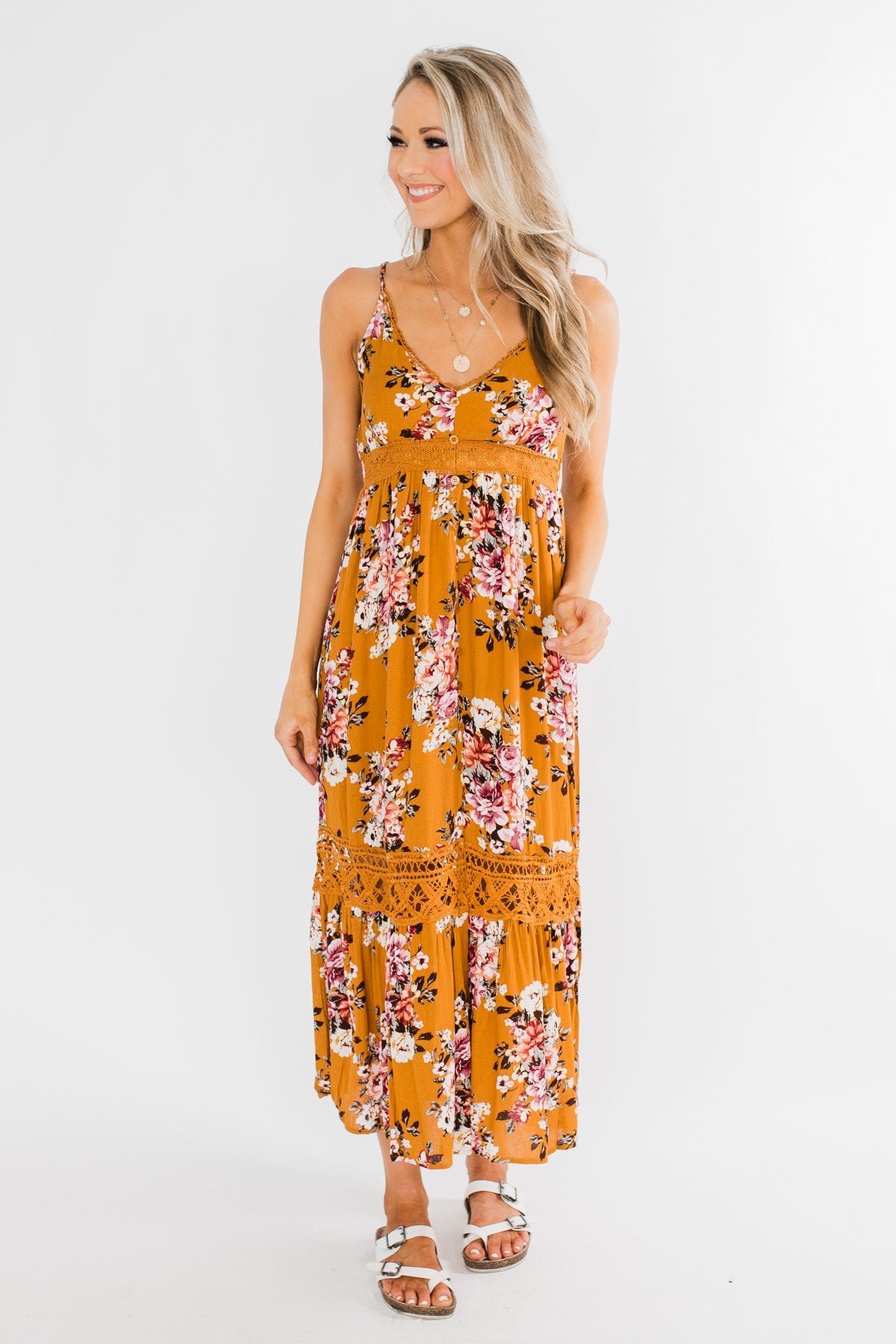 Drawn To You Floral Maxi Dress- Copper Yellow