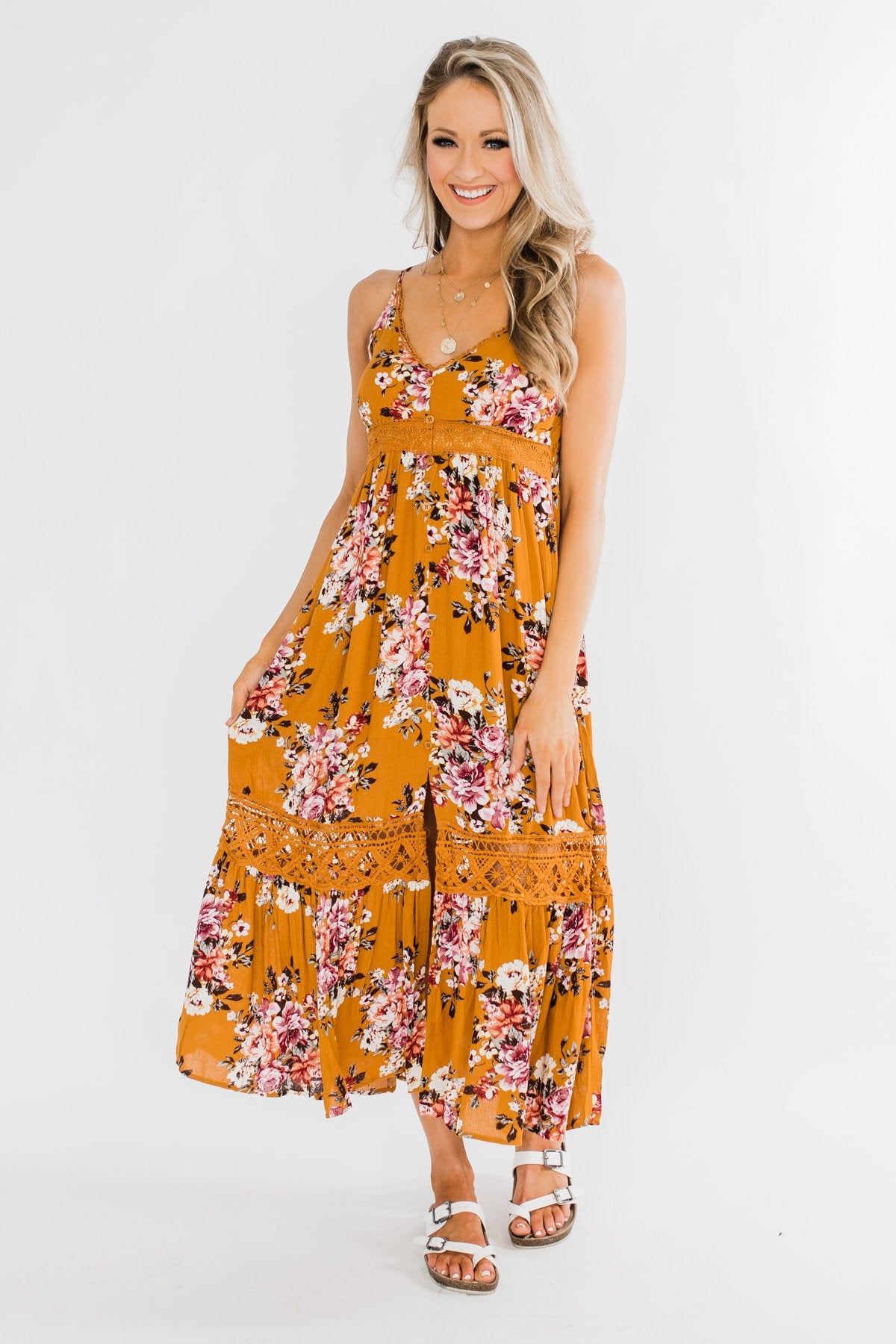 Drawn To You Floral Maxi Dress- Copper Yellow