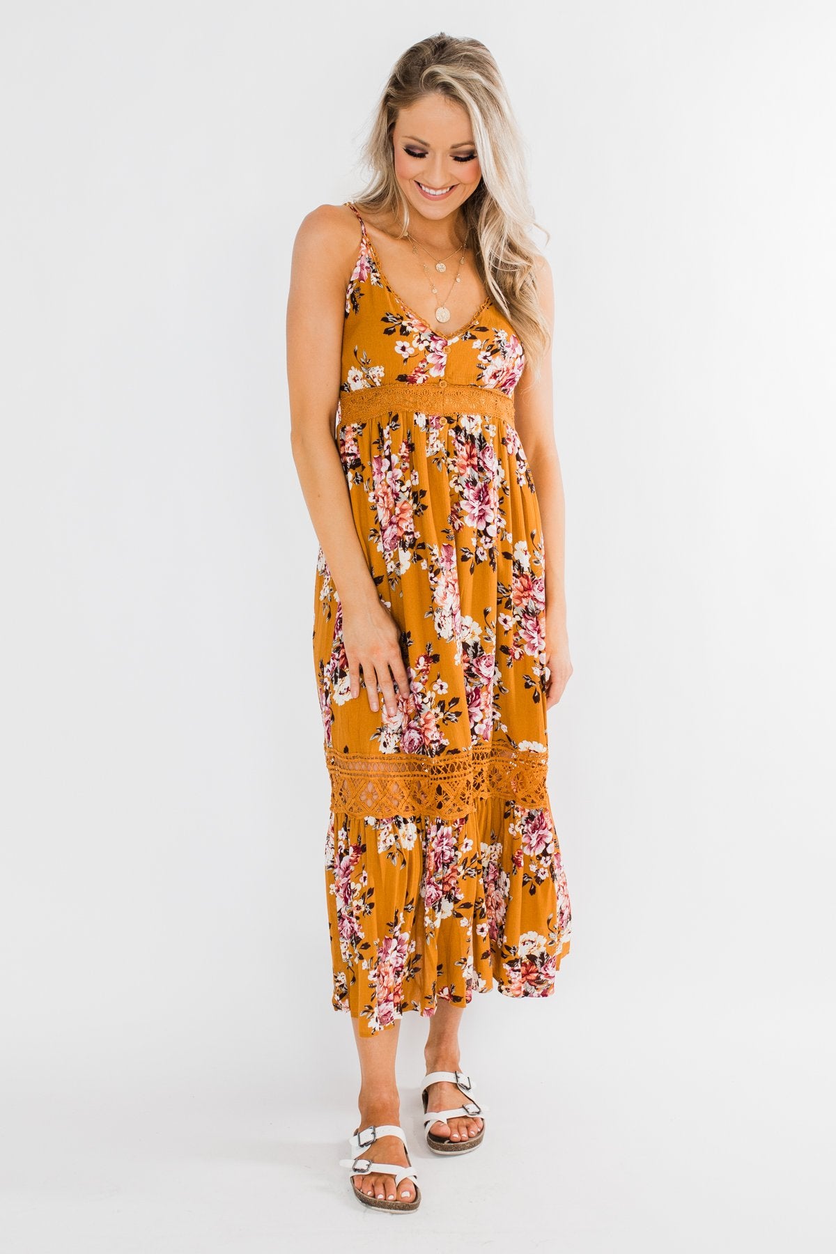 Drawn To You Floral Maxi Dress- Copper Yellow