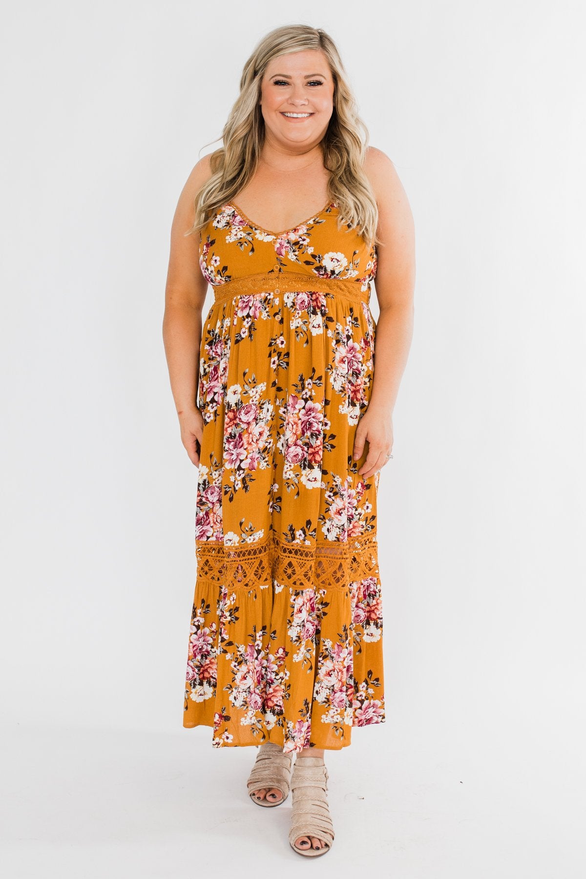 Drawn To You Floral Maxi Dress- Copper Yellow