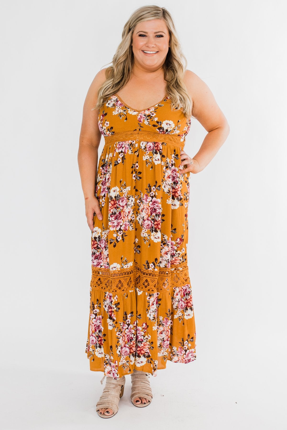 Drawn To You Floral Maxi Dress- Copper Yellow