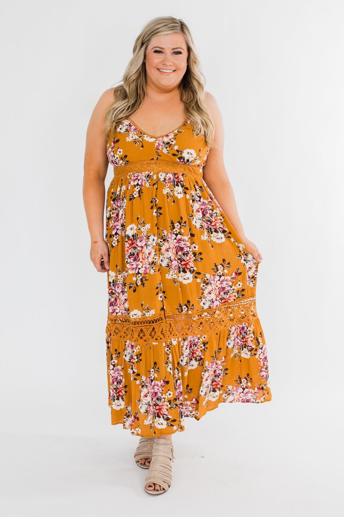 Drawn To You Floral Maxi Dress- Copper Yellow