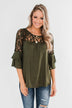 Right Beside Me Lace & Ruffles Top- Olive