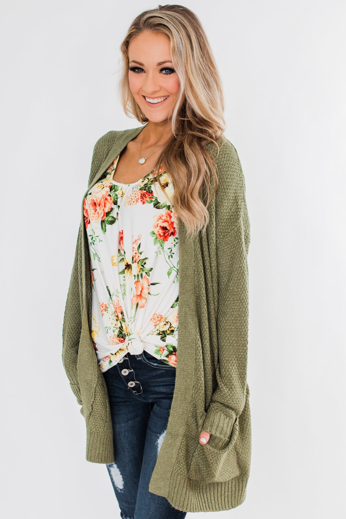 Cozy As Can Be Long Knitted Cardigan- Olive