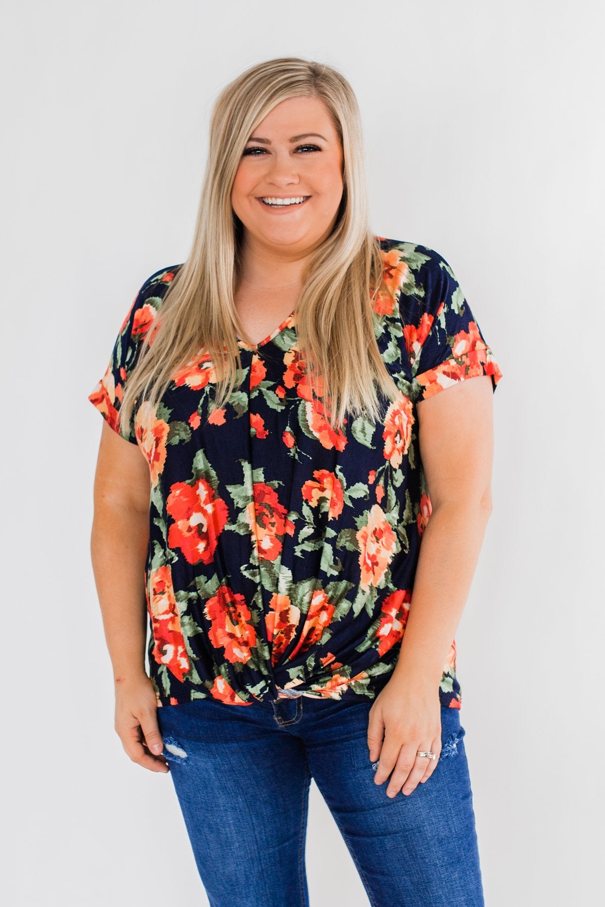 Flirty & Thriving Short Sleeve Floral Top- Deep Navy