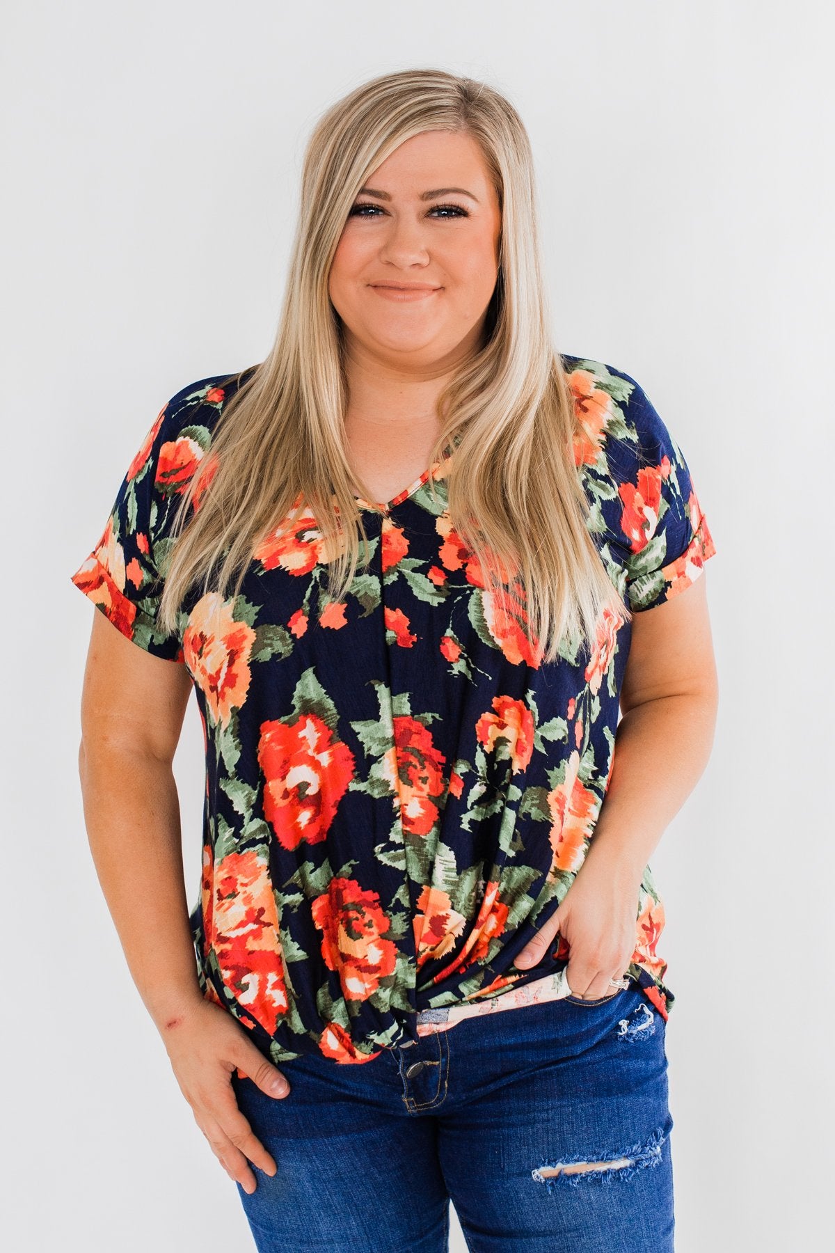 Flirty & Thriving Short Sleeve Floral Top- Deep Navy
