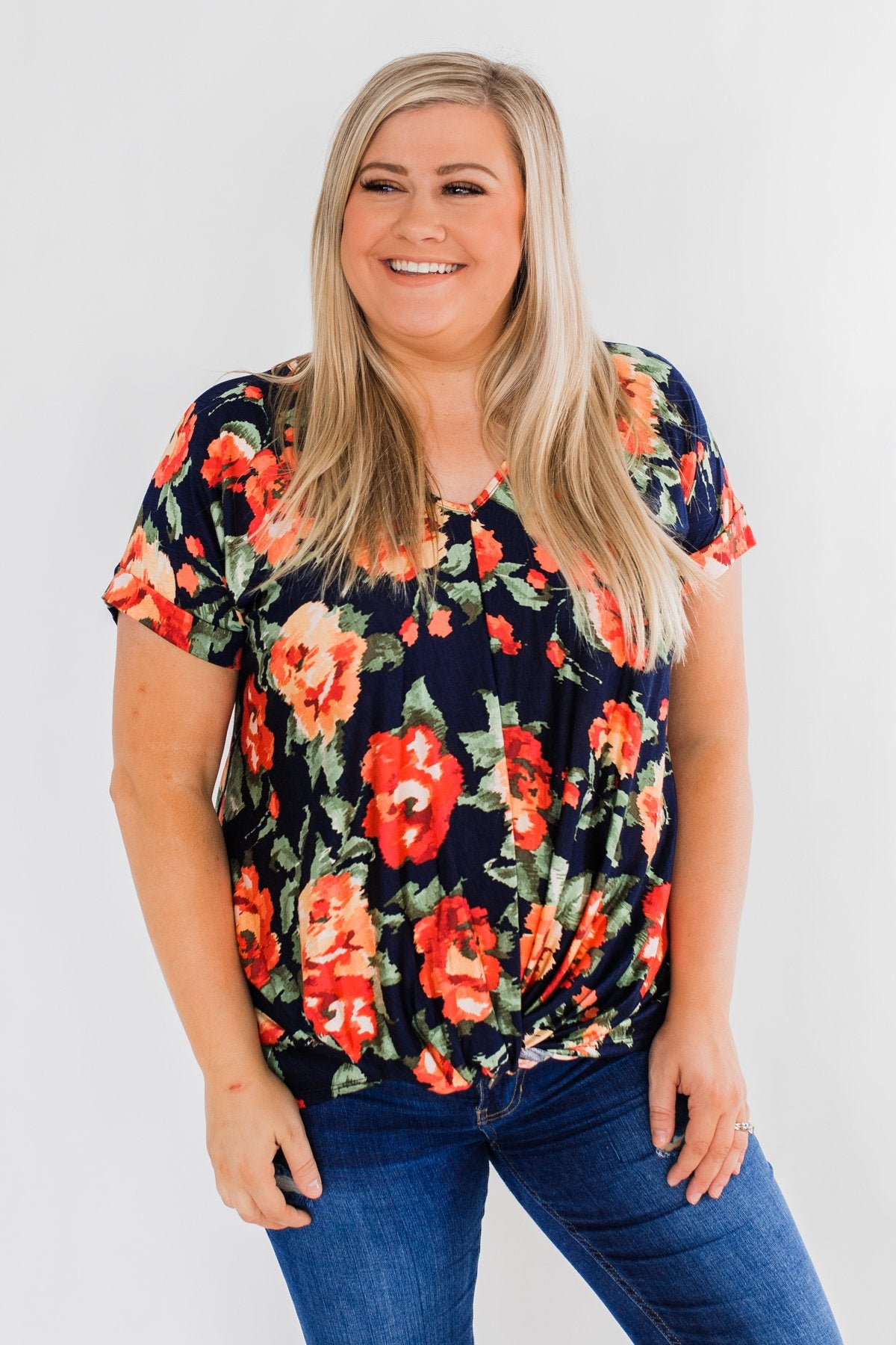 Flirty & Thriving Short Sleeve Floral Top- Deep Navy