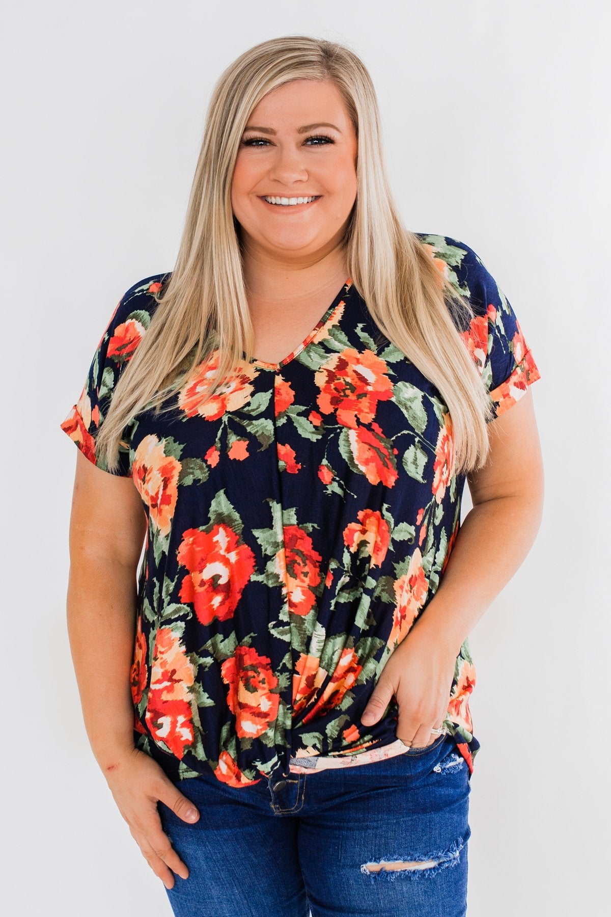Flirty & Thriving Short Sleeve Floral Top- Deep Navy