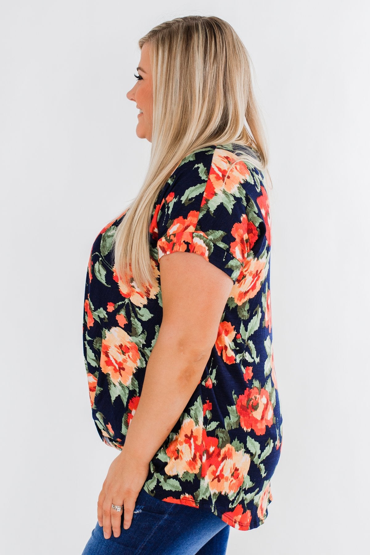 Flirty & Thriving Short Sleeve Floral Top- Deep Navy