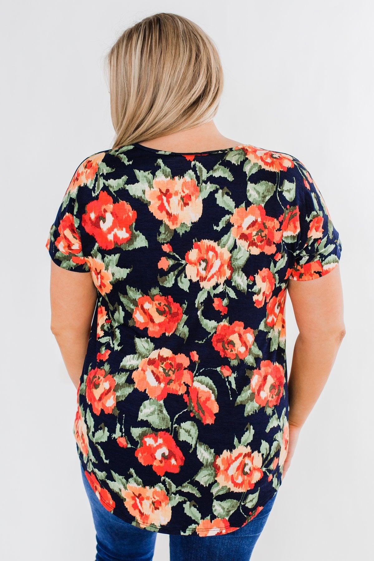 Flirty & Thriving Short Sleeve Floral Top- Deep Navy