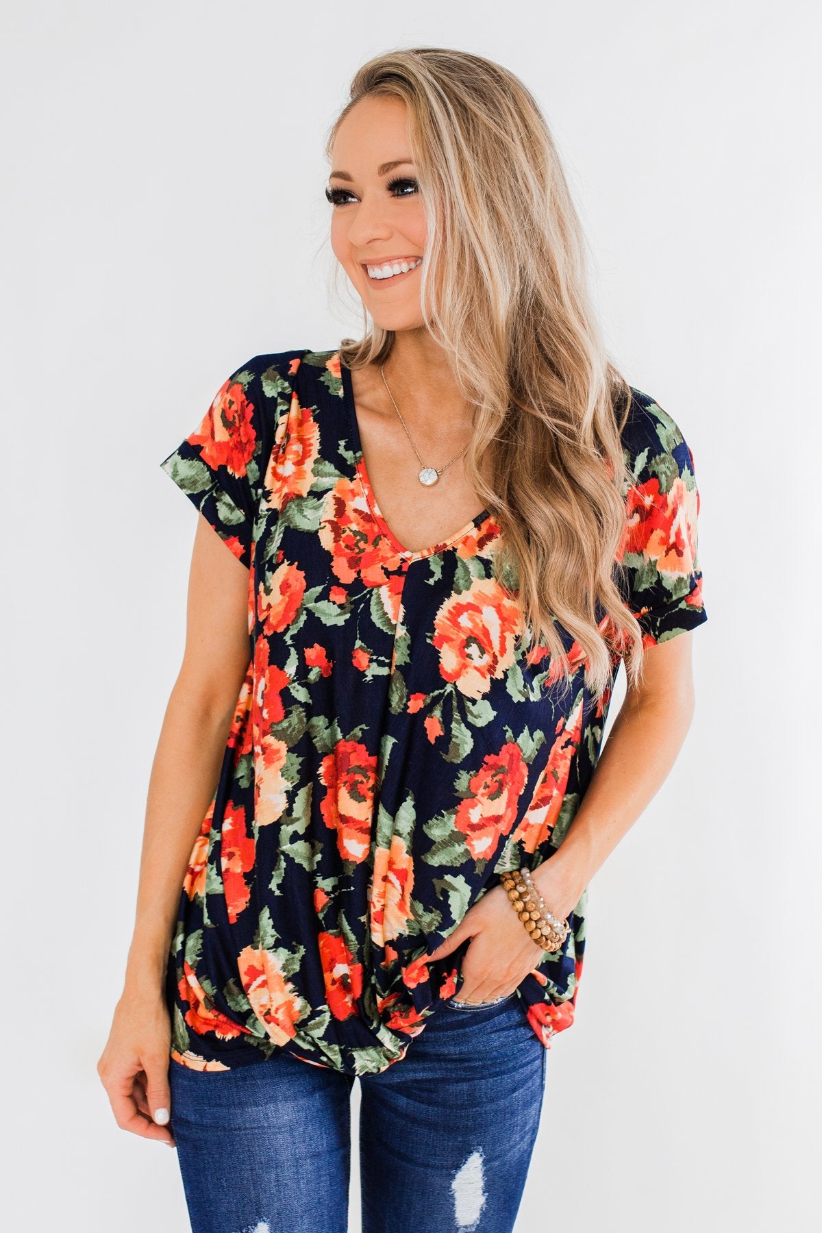 Flirty & Thriving Short Sleeve Floral Top- Deep Navy
