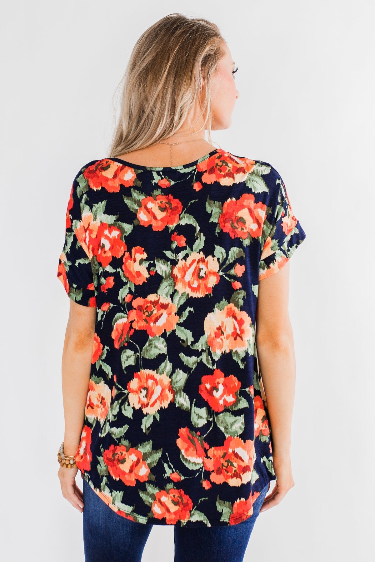 Flirty & Thriving Short Sleeve Floral Top- Deep Navy