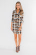 Working It Flannel Button Dress- Ivory & Brown