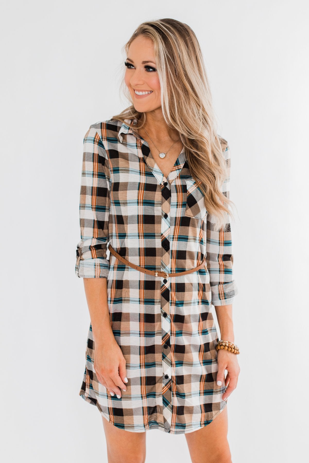 Working It Flannel Button Dress- Ivory & Brown