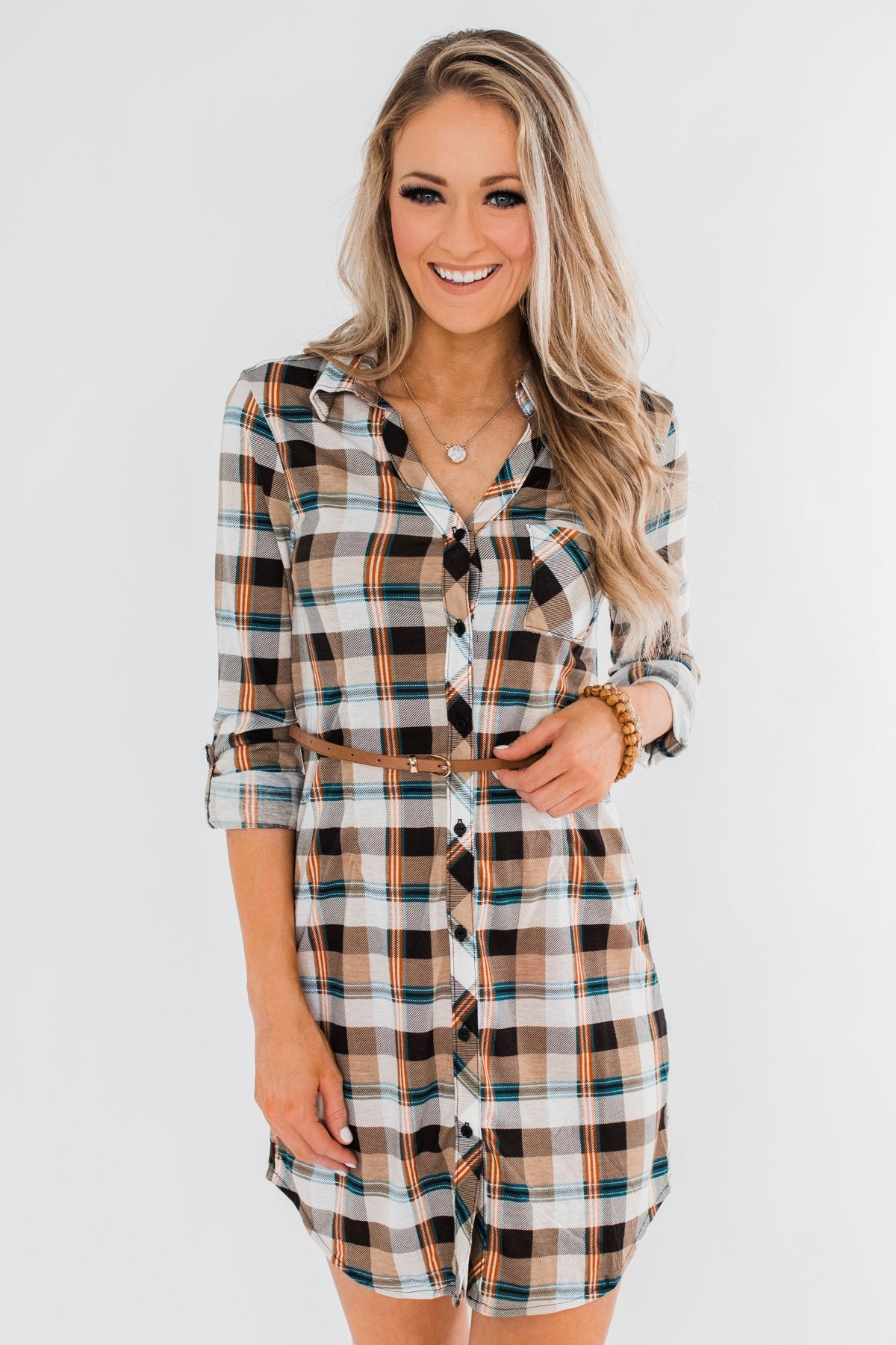 Working It Flannel Button Dress- Ivory & Brown