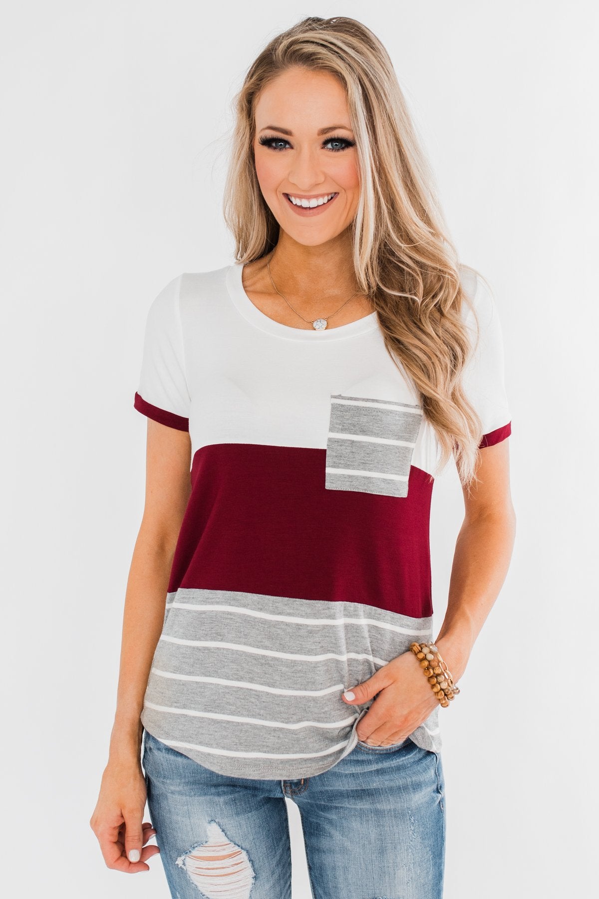 Right Here With Me Color Block Top- Ivory & Burgundy
