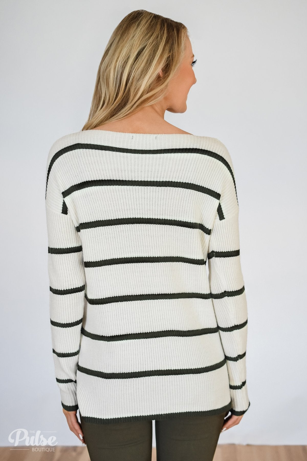 Side by Side Striped Knit Sweater- Ivory & Olive