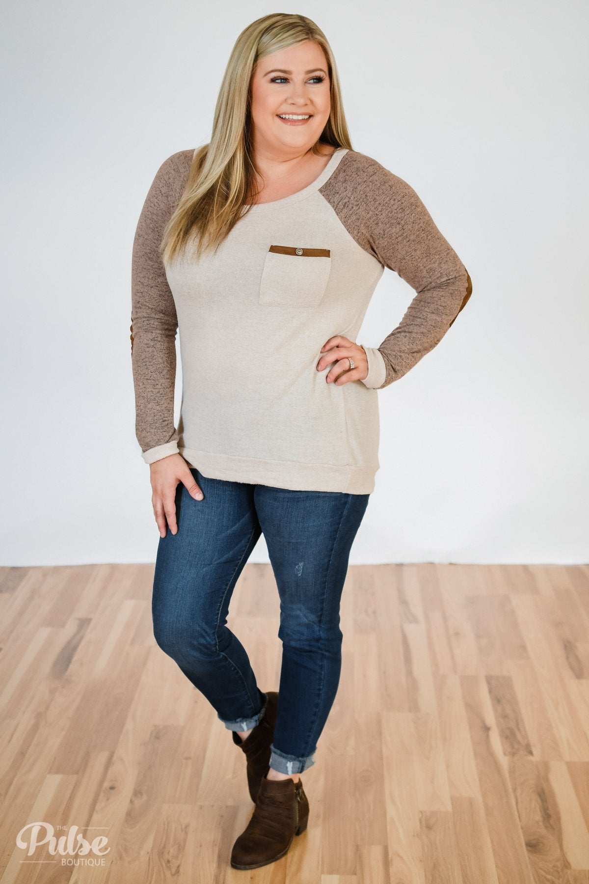 Compass To You Elbow Patch Top- Oatmeal & Mocha