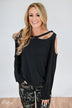 Put it to the Side Cold Shoulder Top- Black Charcoal