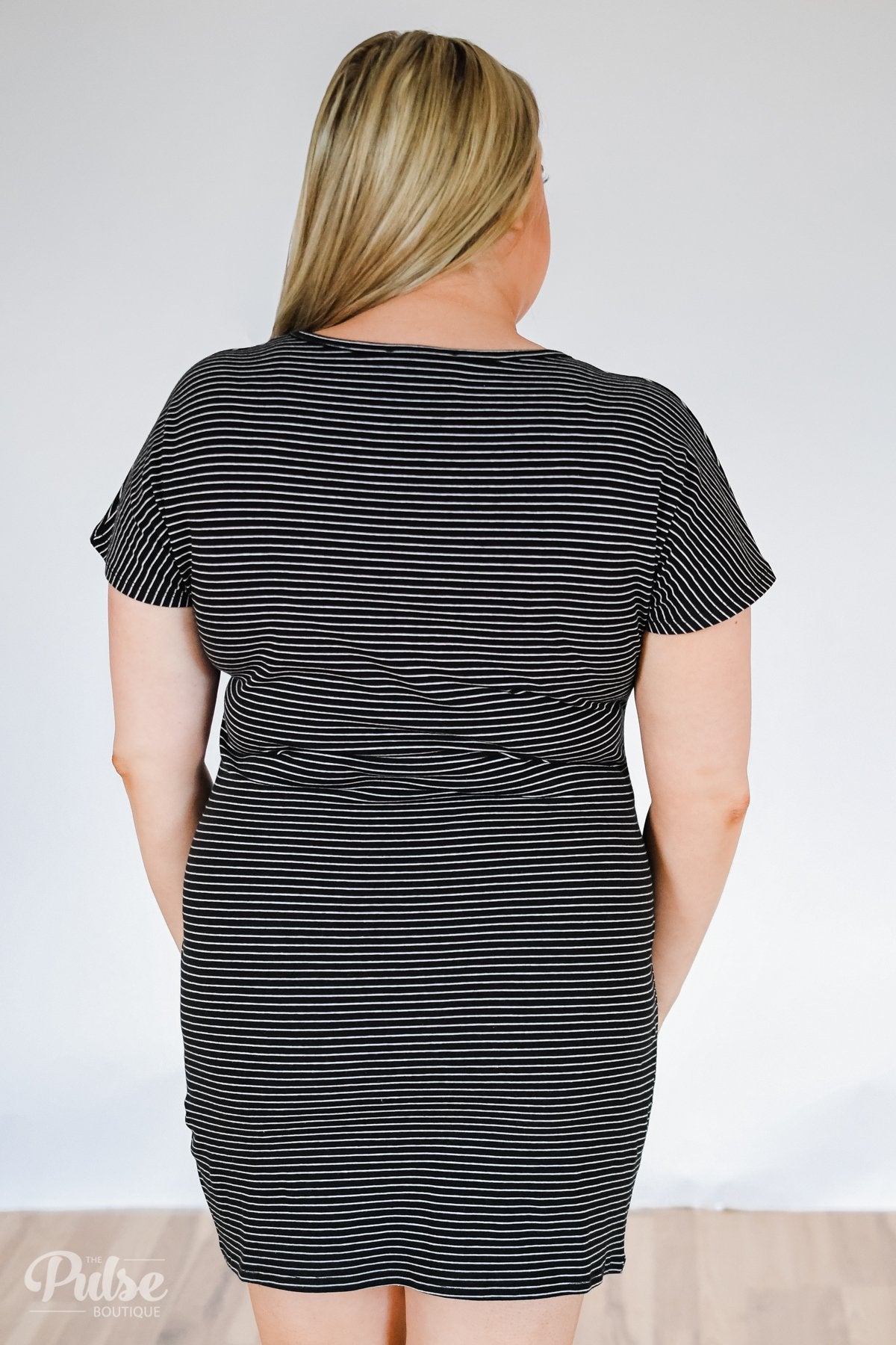 Tied For First Striped Short Sleeve Dress- Black