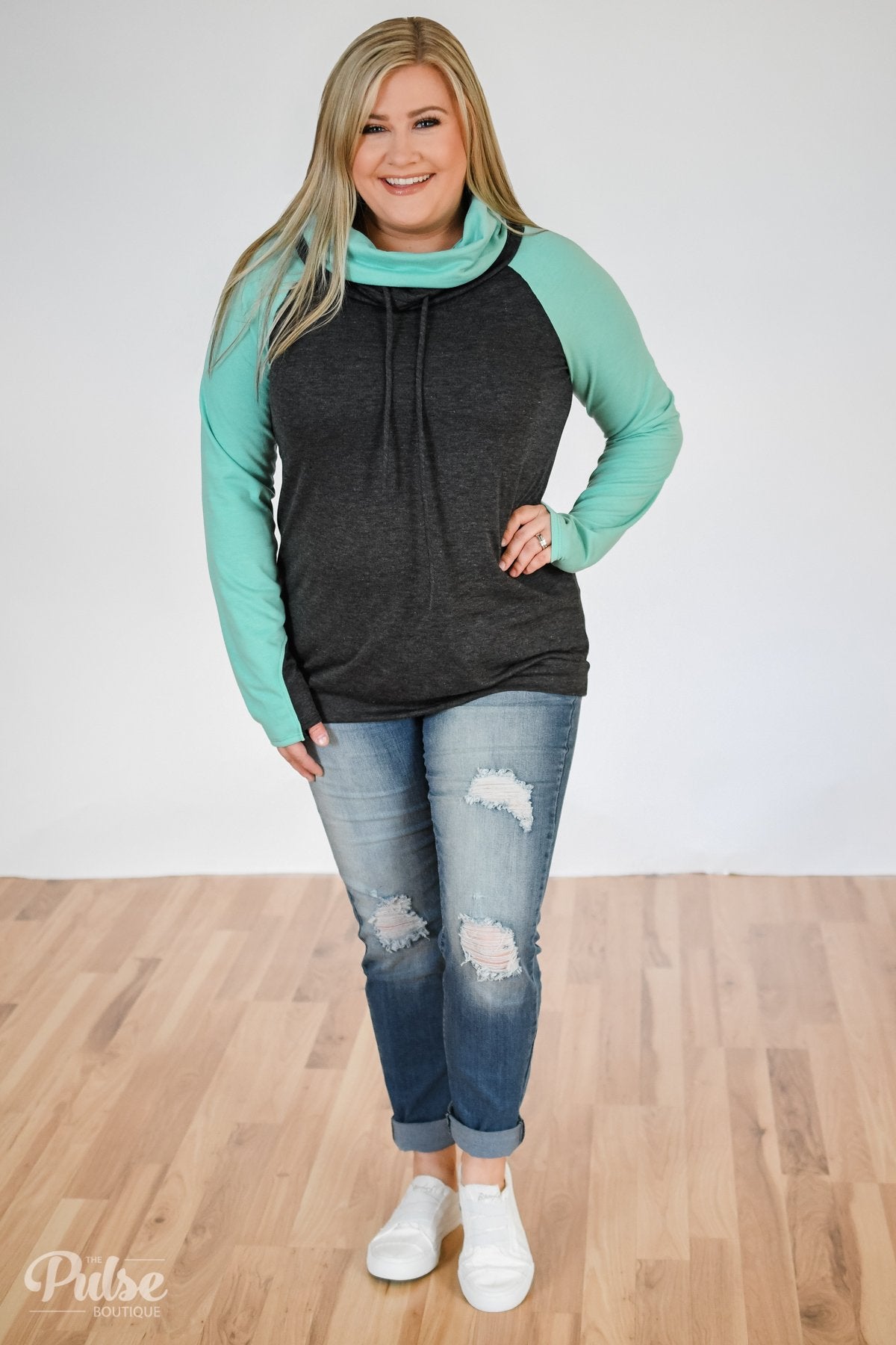 The Ultimate Mint & Charcoal Cowl Neck Top
