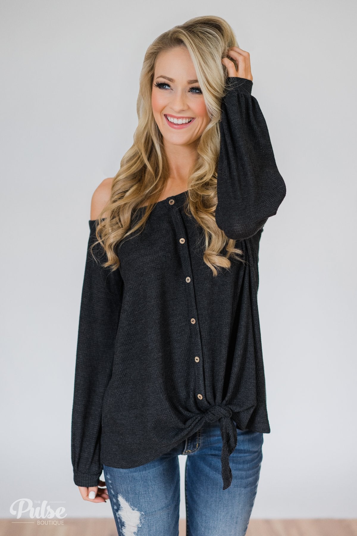 Thermal Off the Shoulder Button Top- Charcoal – The Pulse Boutique