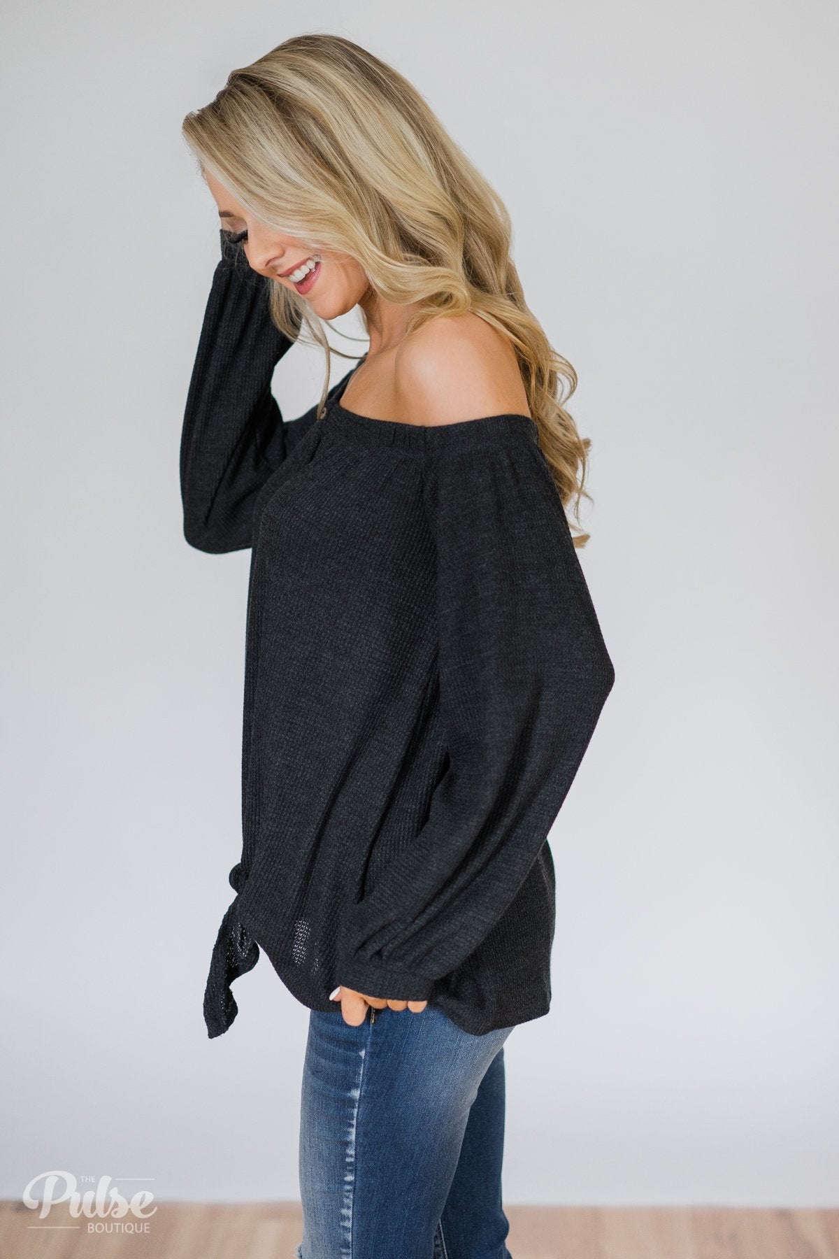Thermal Off the Shoulder Button Top- Charcoal