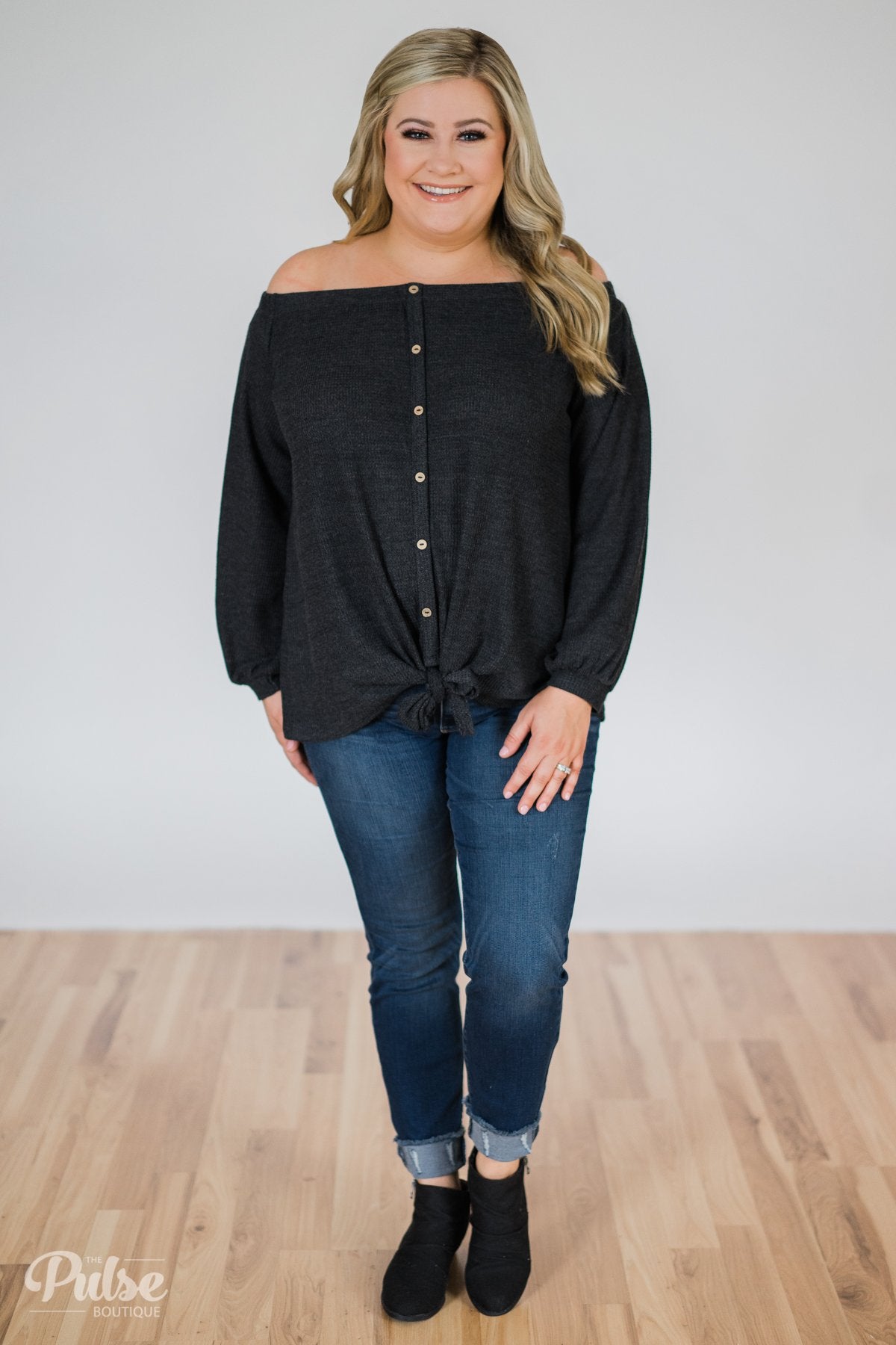 Thermal Off the Shoulder Button Top- Charcoal