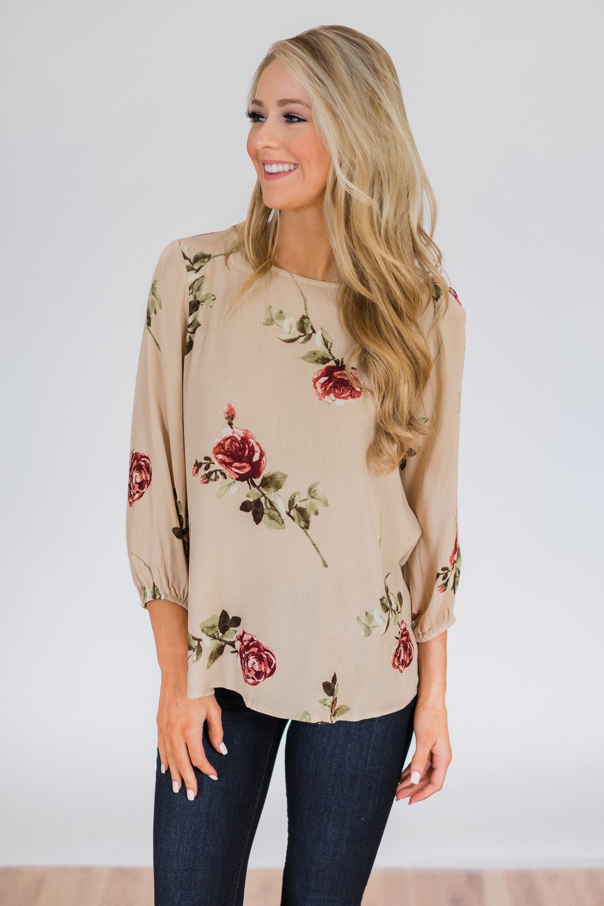 Button Up Back Floral Blouse- Taupe