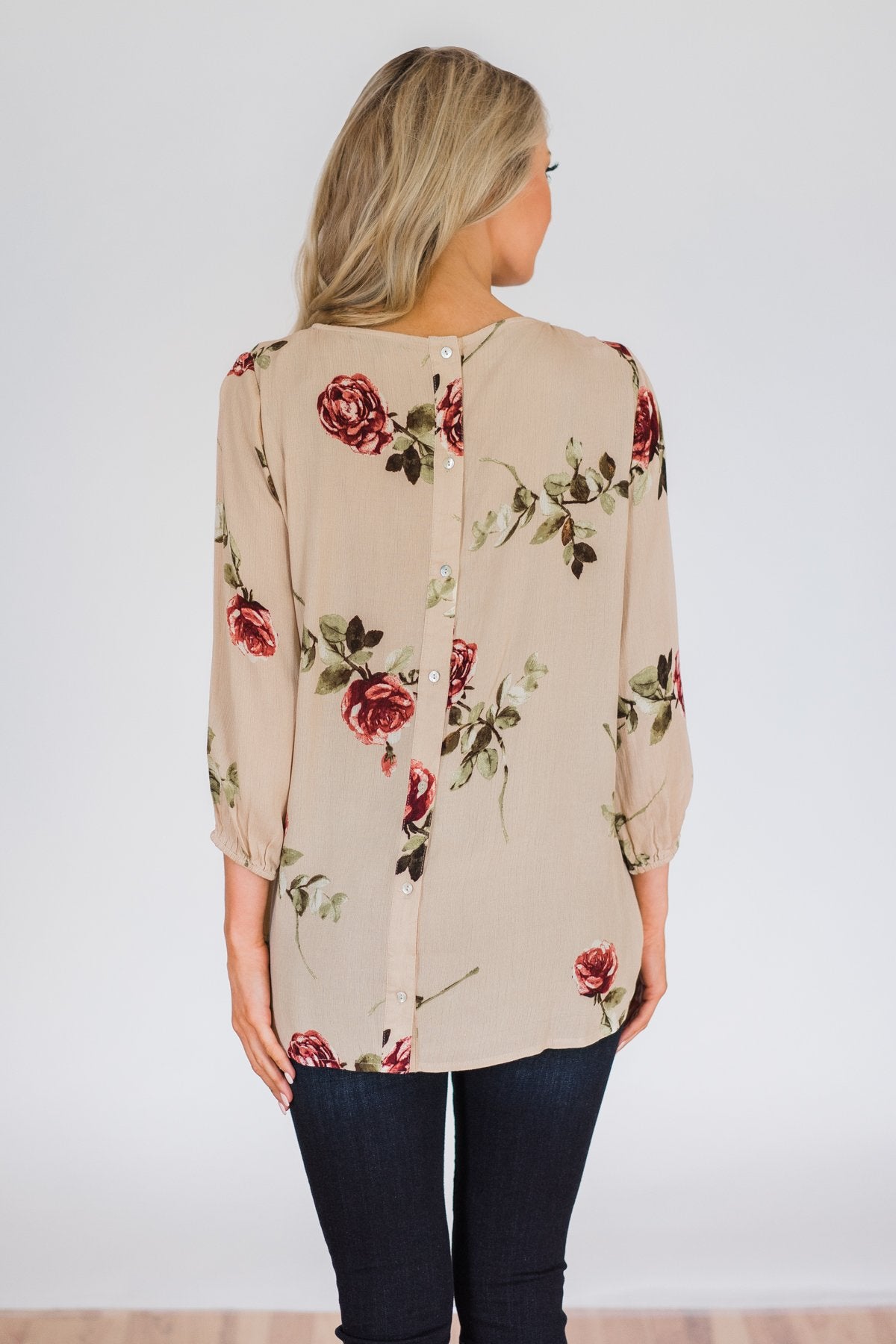 Button Up Back Floral Blouse- Taupe