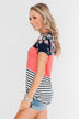 Crash Into You Floral Color Block Top- Navy & Dark Coral