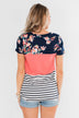 Crash Into You Floral Color Block Top- Navy & Dark Coral