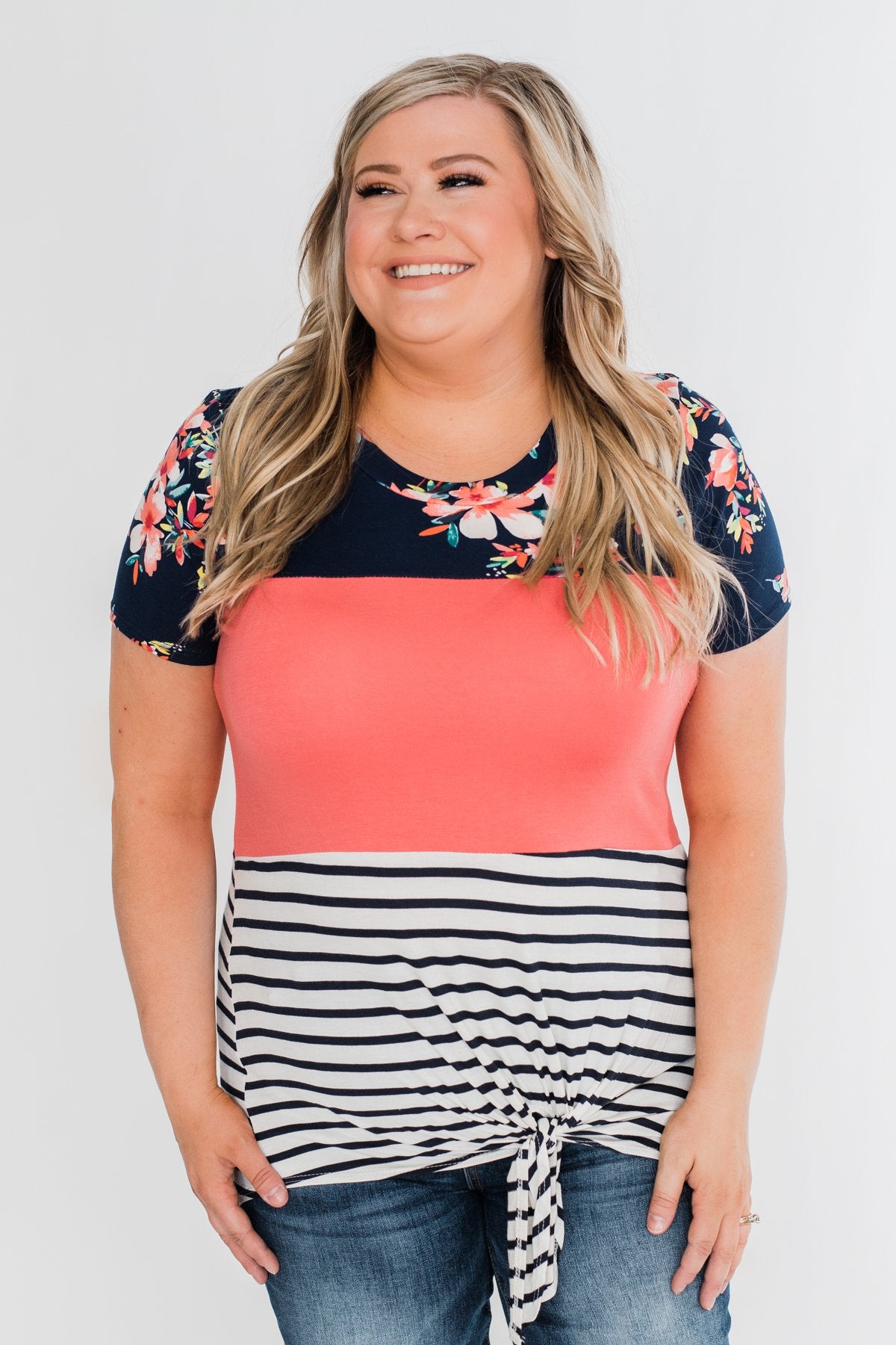 Crash Into You Floral Color Block Top- Navy & Dark Coral